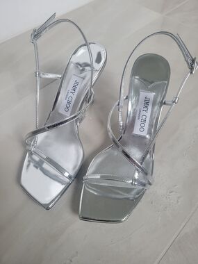 Jimmy Choo Metallic Silver Strappy Square-Toe Heels